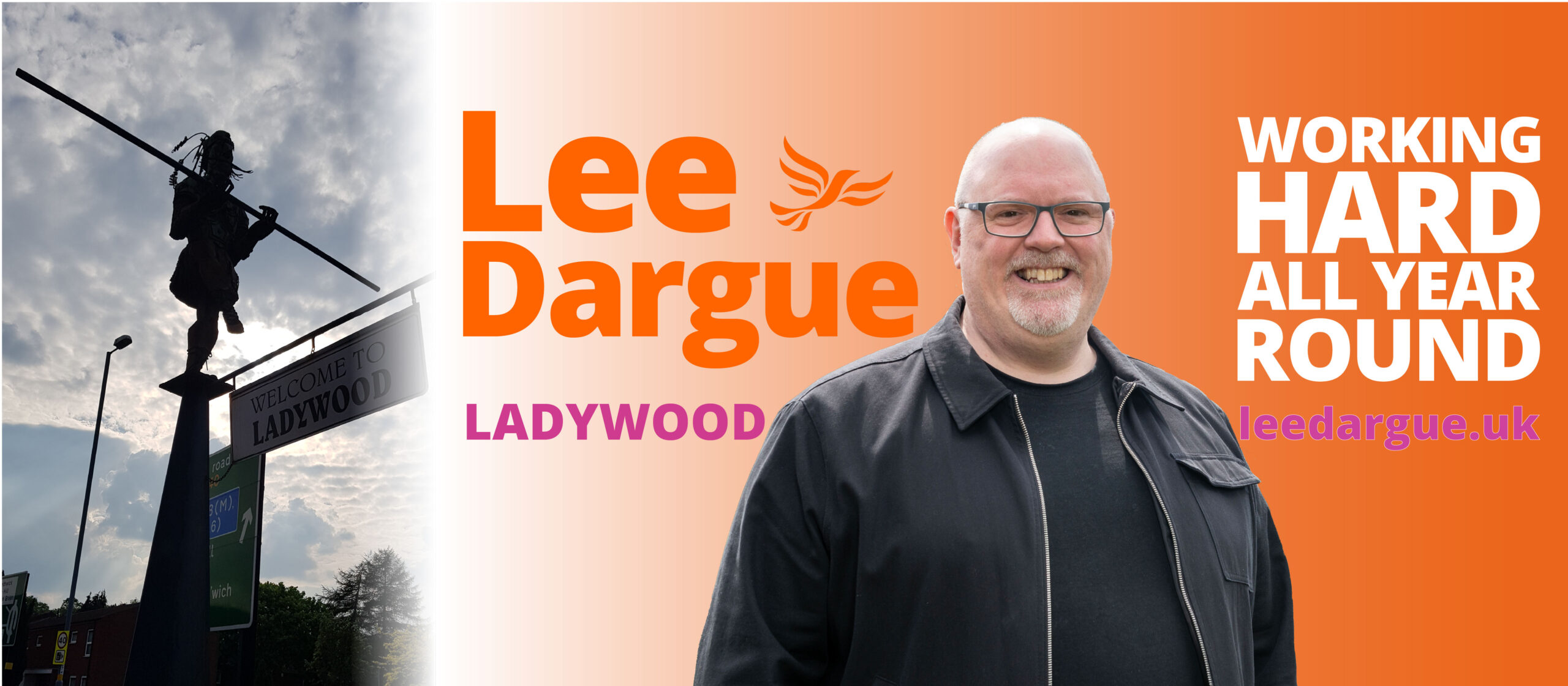 Image of Lee Dargue with name and "Working Hard All Year Round" and leedargue.uk site address, with picture of Blonding Ladywood statue.